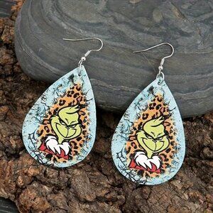 #42 Leopard Print Grinch Teardrop Earrings Leather Double-Sided Dangle Earrings